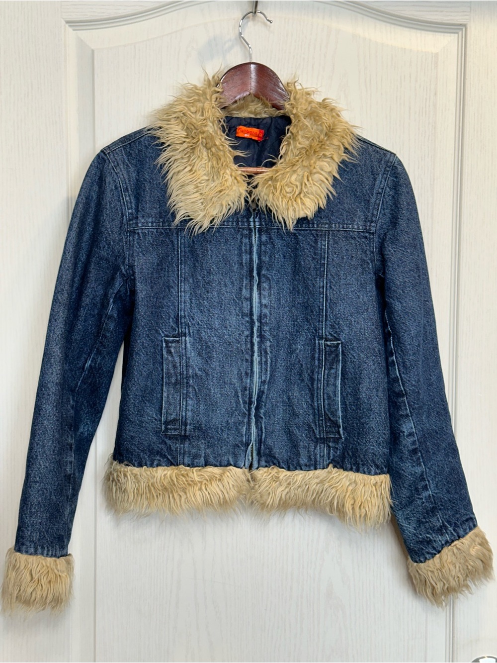 Y2K Fishbone Faux Fur Trim Denim Jacket Penny Lane Grunge Boho 90s bratz